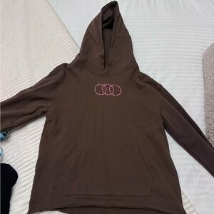 Brown Hoodie with Pink Embroidered Triple Ring Detail